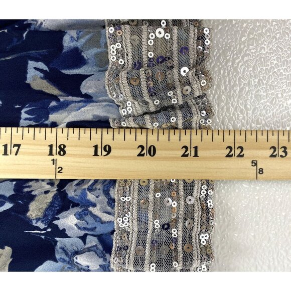 INC Women Floral Boho Flowy Pleated Skirt W/Wide Sequin Trim Blue & White SZ 6 - Picture 6 of 12